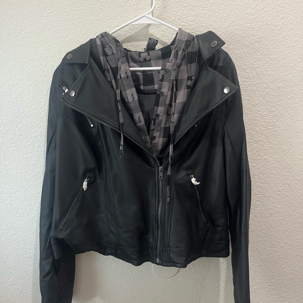 Disney Black Leather Jacket with Checkered Mickey Mouse Hood